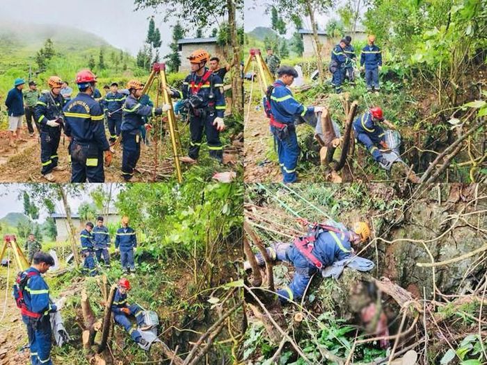 Lực lượng Cảnh sát PCCC và CNCH, Công an tỉnh Tuyên Quang đưa được thi thể người bị nạn từ độ sâu hơn 40m lên mặt đất (ảnh CATQ).