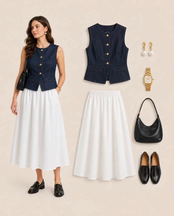 Áo gile denim xanh đậm phối chân váy trắng và loafer đen, tạo nên vẻ thanh lịch pha chút cổ điển, phù hợp cả đi làm lẫn dạo phố.