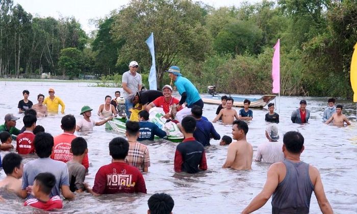 Trò chơi bắt vịt nước thu hút đông đảo người tham gia. Ban Tổ chức thả 40 con vịt xuống khu vực ruộng ngập nước để người chơi tranh tài