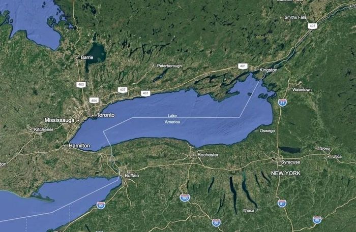 Hình ảnh vệ tinh Hồ Ontario được Google Maps hiển thị với tên “Hồ America” đối với người dùng tại Mỹ, sau sắc lệnh hành pháp của Tổng thống Donald Trump. Ảnh: Google Earth