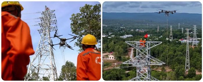 Nhà thầu sử dụng thiết bị bay không người lái (drone) để thi công rải dây mồi, góp phần giảm sức người, đẩy nhanh tiến độ. (Ảnh: EVNSPC)