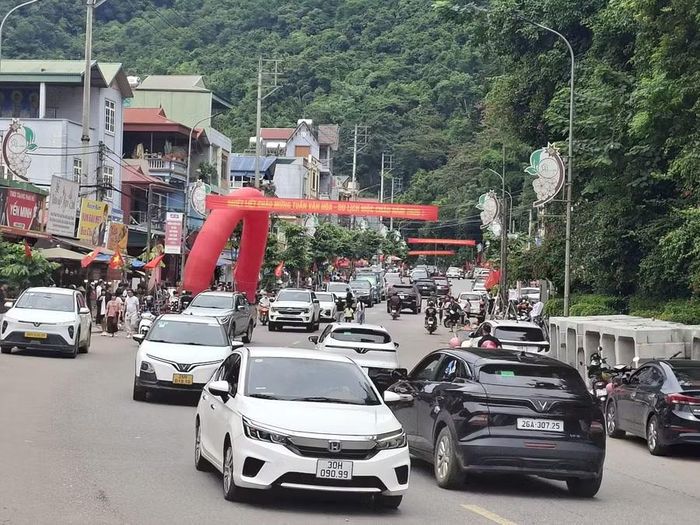 Dòng xe tấp nập đổ về Mộc Châu tham quan, trải nghiệm.