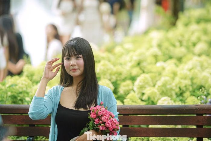 Không chỉ khu vực ven hồ nhìn về phía Tháp Rùa, các ghế đá, lối đi và những khoảng không gian cạnh vườn hoa cũng trở thành địa điểm được nhiều người lựa chọn để chụp ảnh.