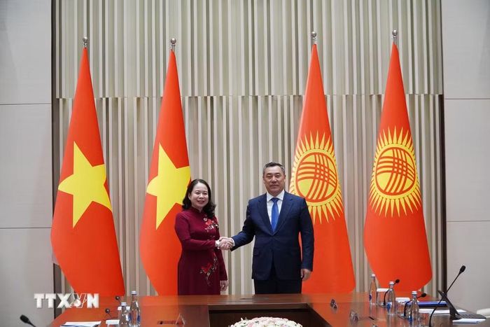 Phó Chủ tịch nước Võ Thị Ánh Xuân gặp Tổng thống Kyrgystan Sadyr Japarov. (Ảnh: Tâm Hằng/TTXVN)