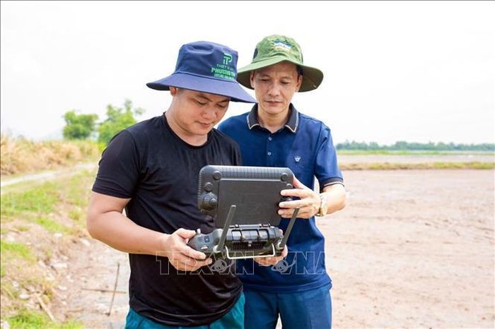 Nông dân Ninh Bình điều khiển thiết bị bay không người lái hỗ trợ sản xuất nông nghiệp.
