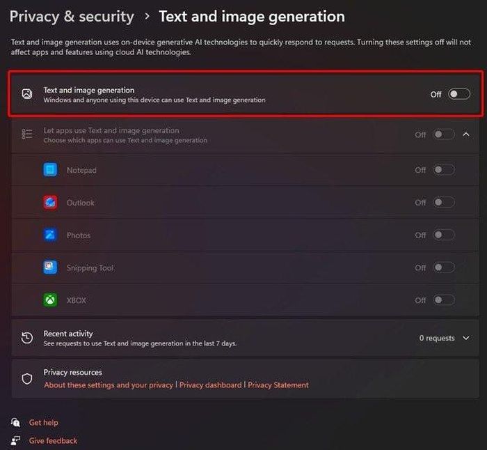 Tính năng Text and image generation trong hệ thống của Windows 11. Ảnh chụp màn hình.