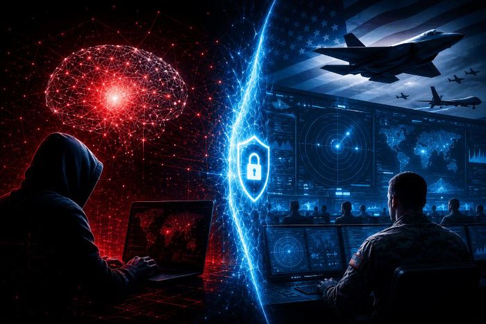Minh họa cuộc đối đầu giữa hacker được AI hỗ trợ và hệ thống phòng thủ mạng của Không quân Mỹ.