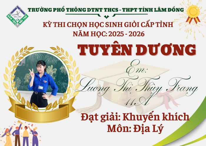 Thùy Trang đạt giải Khuyến khích trong kỳ thi học sinh giỏi môn Địa lí cấp tỉnh năm học 2025 - 2026