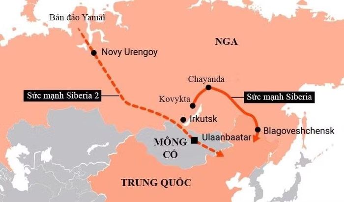 Đồ họa thể hiện hệ thống đường ống Sức mạnh Siberia và Sức mạnh Siberia 2 (dự kiến) chuyển khí đốt từ Nga tới Trung Quốc. Nguồn: Table
