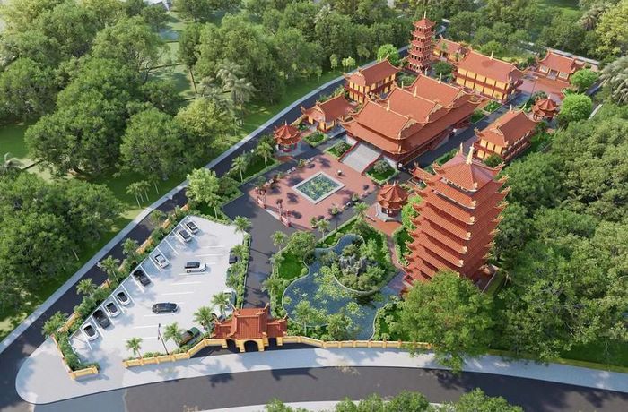 Toàn cảnh ngôi chùa Da đang được xây dựng, trong đó có nhà tưởng niệm anh linh liệt sĩ nhà báo cách mạng Việt Nam. Ảnh: HQ