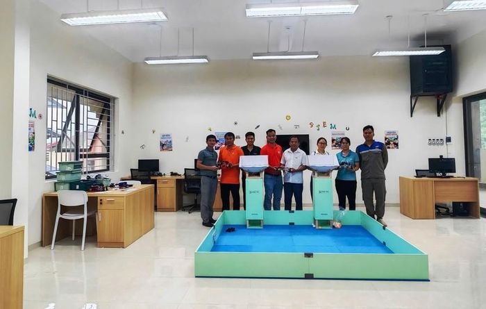 Sân thi đấu Thế vận hội robot đã được lắp đặt, hoàn thiện bàn giao cho nhà trường. Ảnh: Quỳnh Trang