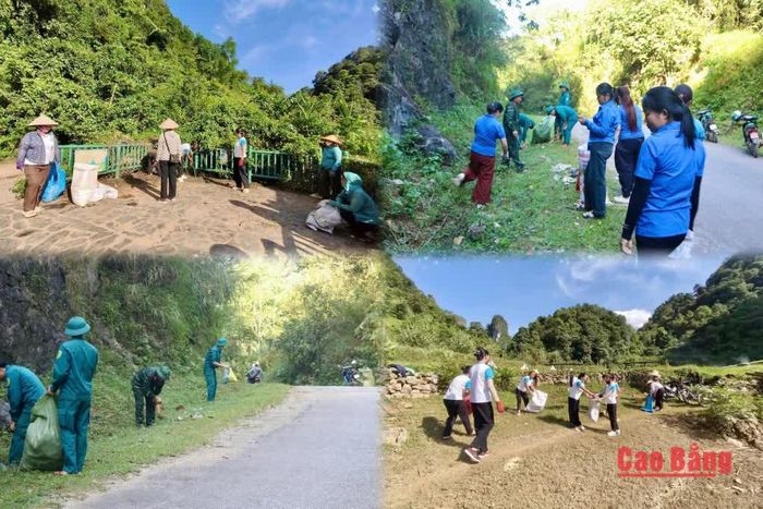 Các lực lượng tham gia thu gom rác thải, vệ sinh môi trường trên địa bàn xã Trà Lĩnh.
