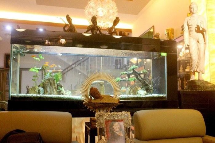 Bể cá thủy sinh kích thước lớn được đặt ngay phía sau khu vực ghế sofa, kết hợp hài hòa cùng các bức tượng Phật đứng, tượng Phật nằm và tiểu cảnh tinh tế. Ánh sáng vàng dịu nhẹ từ đèn trần phản chiếu xuống hồ nước tạo nên một điểm nhấn phong thủy đầy sinh khí và bình yên cho căn phòng.