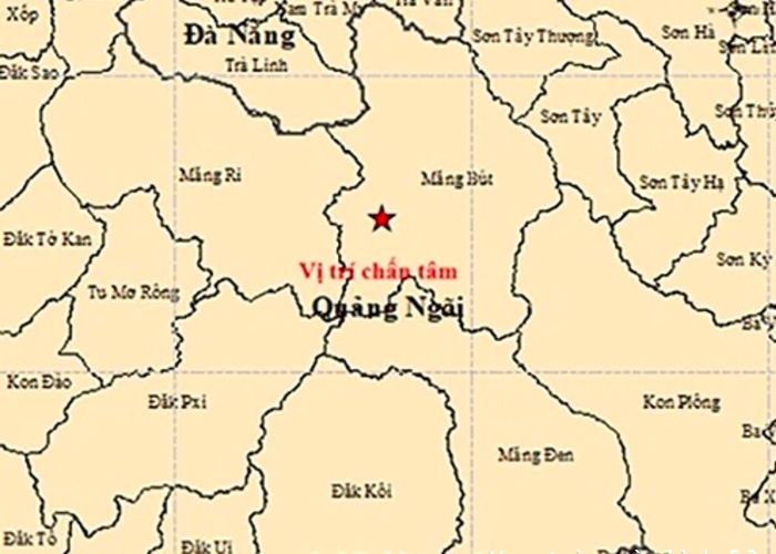 Vị trí xảy ra trận động đất lúc 3h28 ở xã Măng Bút, tỉnh Quảng Ngãi. (Ảnh: Viện Các khoa học trái đất)