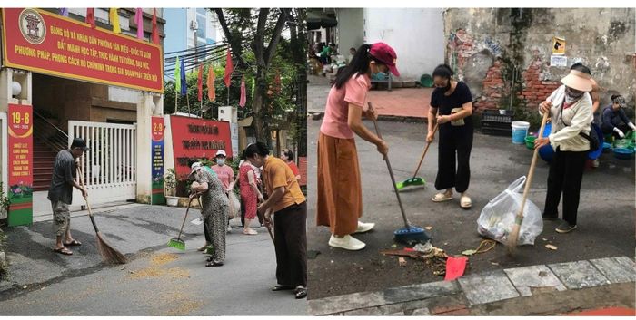 Người dân tham gia vệ sinh môi trường, chỉnh trang đường phố nhằm tạo diện mạo mới chào đón ngày Quốc khánh. Ảnh: An Quyên