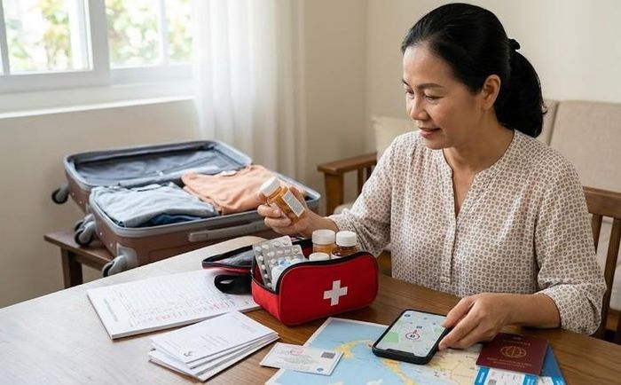 Trước chuyến đi, người bệnh nên mang đủ thuốc, thông tin điều trị và biết trước cơ sở y tế gần nơi lưu trú. Hình minh họa AI.