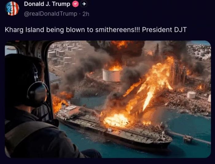 Ảnh chụp màn hình bài đăng trên tài khoản Truth Social của Tổng thống Mỹ Donald Trump ngày 31-8-2026 với hình ảnh bồn chứa dầu và tàu chở dầu phát nổ cùng dòng chữ "Đảo Kharg đang bị phá hủy thành từng mảnh vụn!!! Tổng thống DJT"