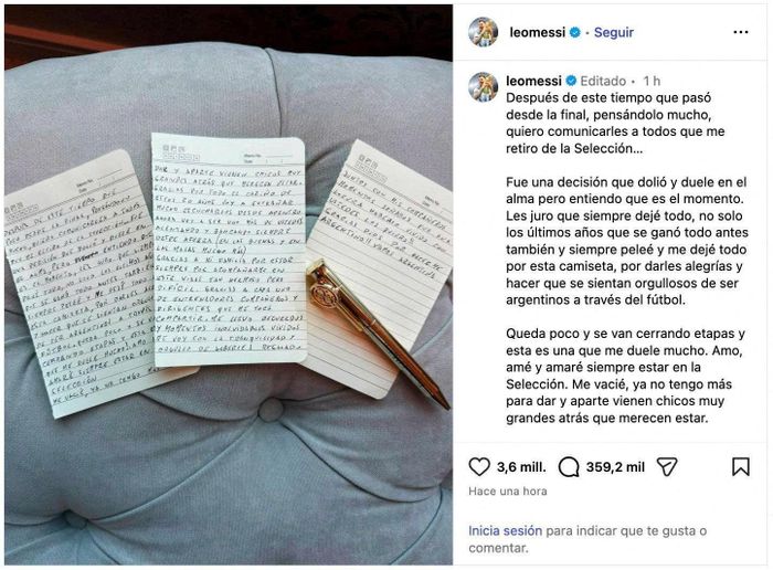 Bài đăng của Messi trên Instagram về việc giã từ đội tuyển quốc gia. Ảnh: Reuters.