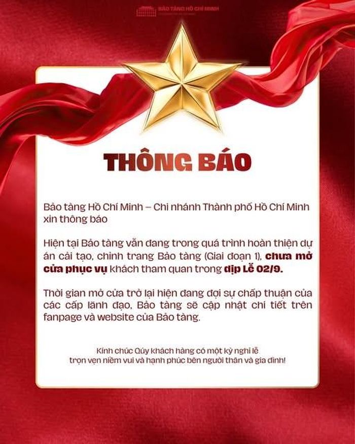 Thông báo mới nhất của Bảo tàng vào chiều 1.9.2026