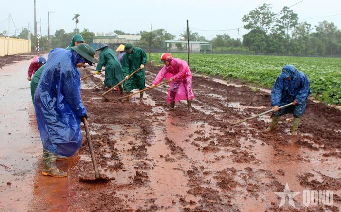 Cán bộ, chiến sĩ, công nhân, viên chức quốc phòng, người lao động của Đoàn Kinh tế - Quốc phòng 74 dầm mưa, lội bùn hỗ trợ nhà trường.