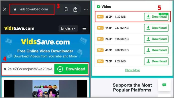 Truy cập một trang web hỗ trợ tải video YouTube bằng trình duyệt trên điện thoại.