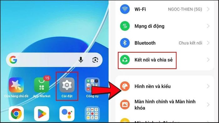 Mở Cài đặt trên điện thoại, sau đó chọn Kết nối và chia sẻ.