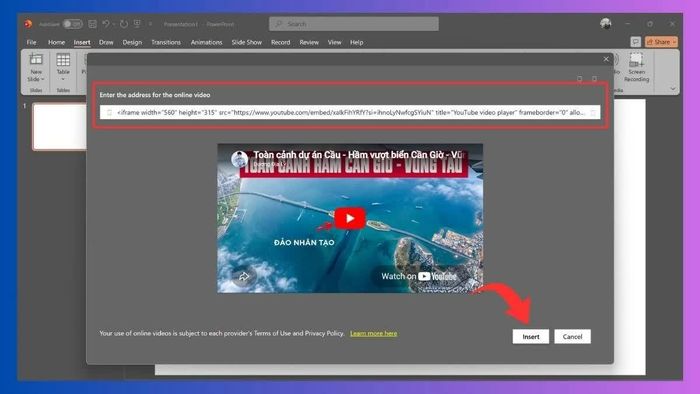 Dán đoạn mã nhúng vừa sao chép vào ô nhập liệu và nhấn Insert.