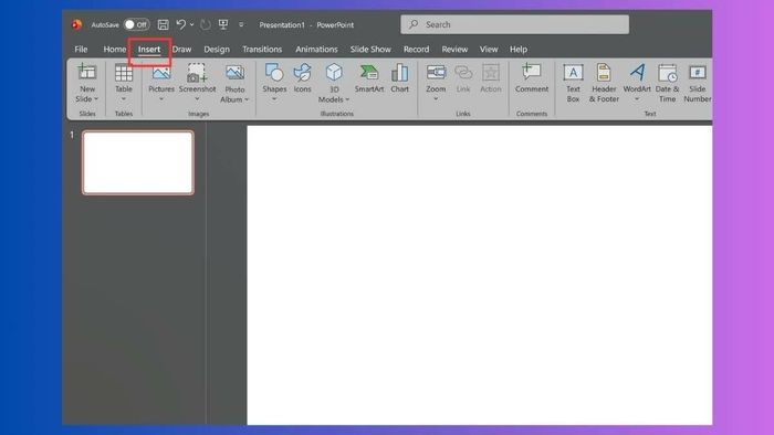 Mở file PowerPoint, chọn slide cần chèn video và nhấn vào thẻ Insert.