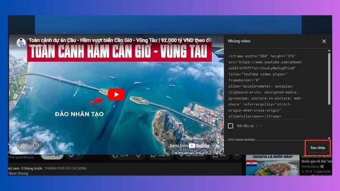Nhấn Sao chép để lưu toàn bộ mã nhúng vào bộ nhớ tạm.