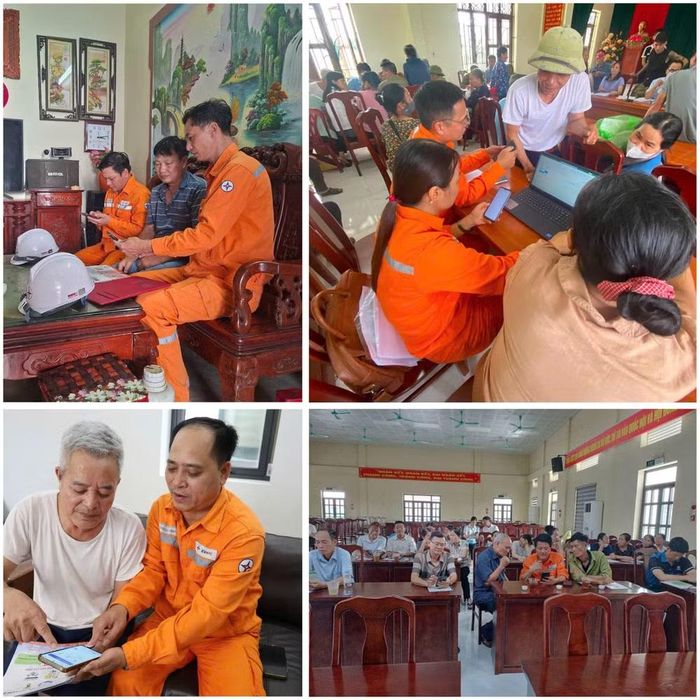 Cán bộ, nhân viên các Điện lực thuộc Công ty Điện lực Hưng Yên tích cực đi từng nhà, các điểm nhà Văn hóa các thôn, khu phố để tư vấn và hướng dẫn cài đặt App EVN CSKH tới khách hàng