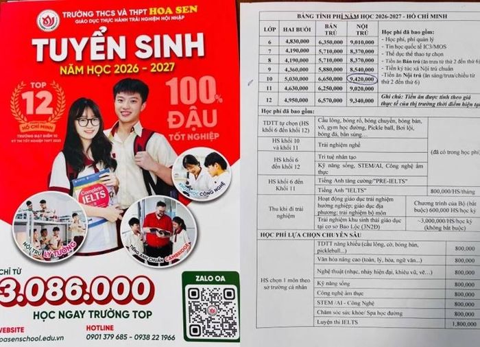 Thông tin tuyển sinh và bảng học phí của Trường THCS - THPT Hoa Sen được giới thiệu đến phụ huynh.