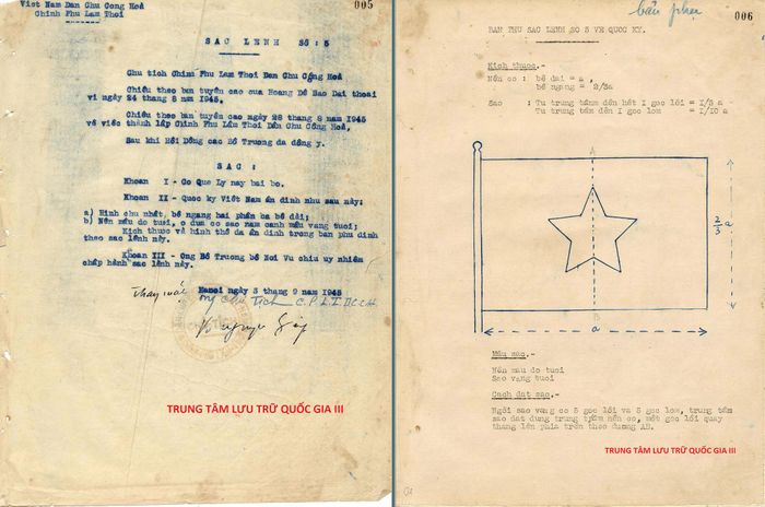 Sắc lệnh số 5-SL ngày 05/9/1945 của Chủ tịch Chính phủ Lâm thời về việc bãi bỏ cờ quẻ ly và ấn định Quốc kỳ Việt Nam, Phụ lục mẫu Quốc kỳ kèm theo Sắc lệnh. Nguồn: Trung tâm Lưu trữ quốc gia III