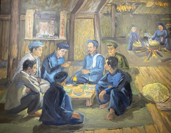 Lãnh tụ Nguyễn Ái Quốc dự bữa cơm thân mật tại nhà ông Lý Quốc Súng trong ngày đầu tiên trở về 28/1/1941. Ảnh KN