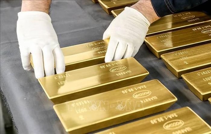 Vàng được trưng bày tại nhà máy Shchyolkovo của tập đoàn kim loại quý Yuzhuralzoloto, Nga. Ảnh: TASS/TTXVN