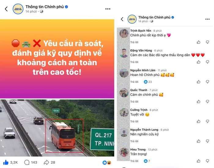 Nhiều ý kiến bình luận đồng tình với việc Chính phủ yêu cầu rà soát quy định mức phạt lỗi không giữ khoảng cách an toàn. Ảnh: Chụp màn hình.