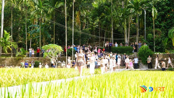 Du khách thích thú khi xem hoạt động trình diễn thời trang mo cau trong không gian đậm chất quê Lộc Yên. Ảnh: D.LỆ