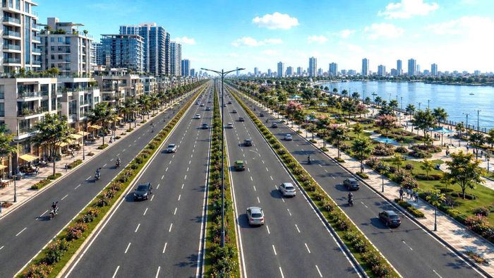 Đại lộ Nguyễn Hữu Cảnh khi hoàn thành sẽ hình thành trục giao thông hiện đại với hệ thống đường chính hai bên, mỗi bên 3 làn xe và đường song hành mỗi bên 2 làn xe. Ảnh: CTV