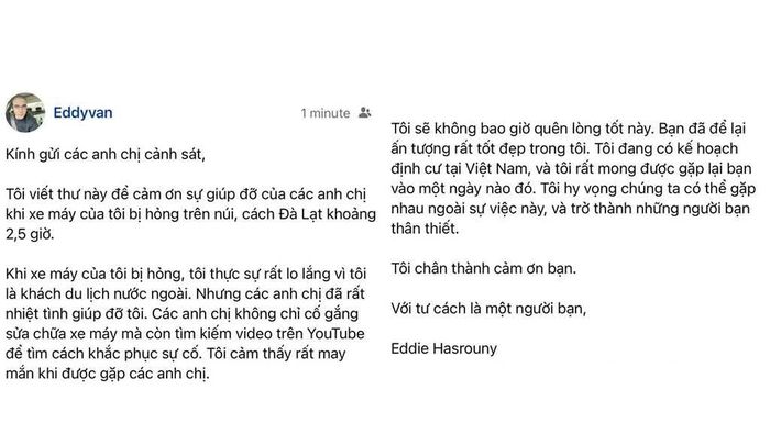 Ông HasRouny Eddie nhắn tin cảm ơn Cảnh sát giao thông Khánh Hòa.