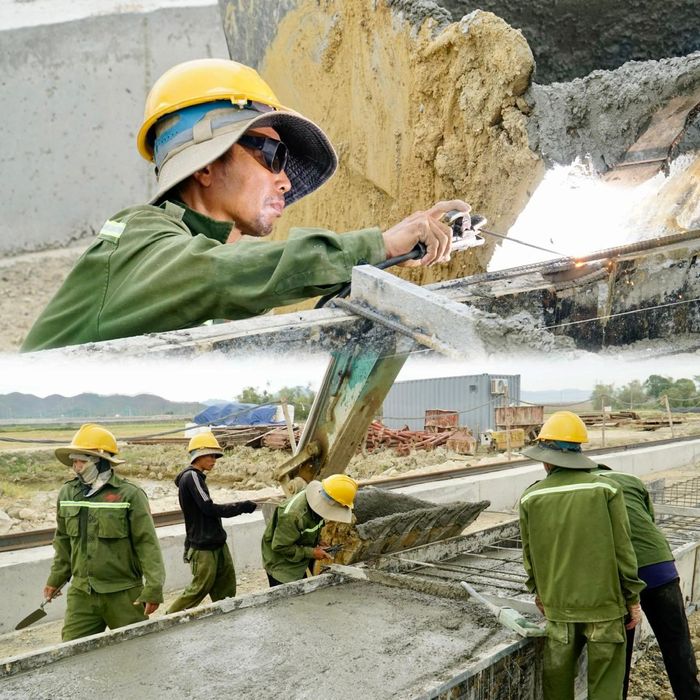 Ở một góc thi công khác, một tổ đội đang thực hiện công đoạn đổ bê tông đường dẫn phục vụ thi công bãi đúc dầm. Người điều khiển máy, người san gạt, người kiểm tra, người hoàn thiện. Mỗi người một việc, công trường cứ thế nối dài những ca làm.