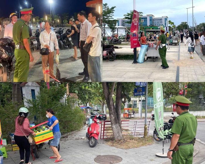 Cán bộ Công an phường Vỹ Dạ tuyên truyền, nhắc nhở các trường hợp buôn bán lấn chiếm vỉa hè, lề đường tại lễ hội.