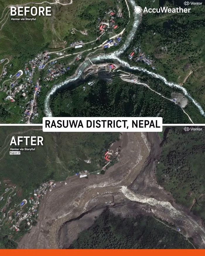 Hình ảnh vệ tinh cho thấy sự tàn phá khủng khiếp do trận lũ quét chết người tại Nepal gây ra, với các tòa nhà, cây cầu và cả những khu dân cư bị cuốn trôi dọc theo sông Trishuli. Ảnh: Vantor