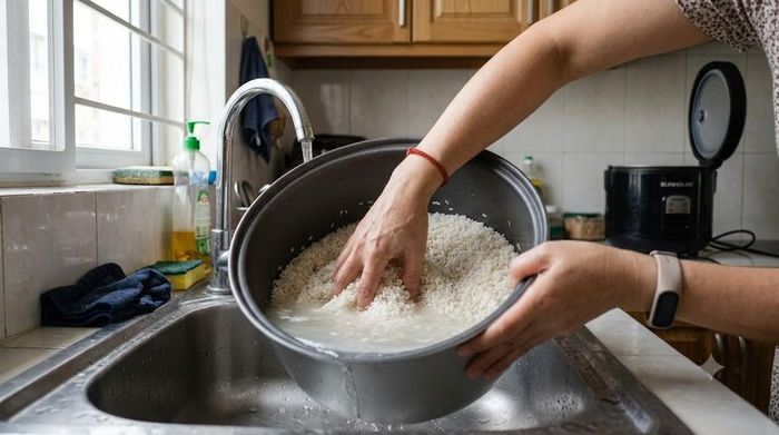 Không cần vo gạo đến khi nước trong veo. Ảnh minh họa.
