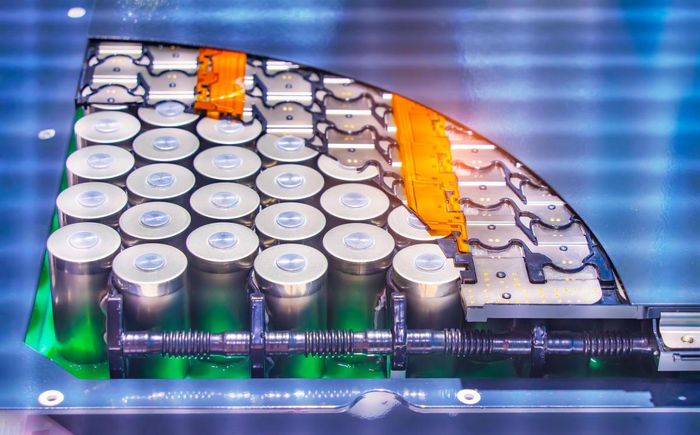 Các tế bào pin lithium-ion dạng hình trụ trong một bộ pin dành cho xe điện. Ảnh minh họa: iStock/Getty Images.