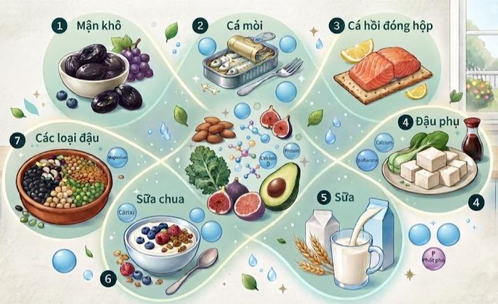 Một số thực phẩm tốt cho sức khỏe xương. Ảnh minh họa AI