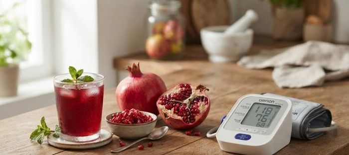 Nước ép lựu chỉ nên đóng vai trò bổ sung cho một lối sống có lợi cho tim mạch, huyết áp. Ảnh minh họa AI