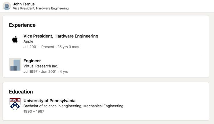  Hồ sơ LinkedIn gần như để trống, chỉ bao gồm 2 công việc của CEO mới Apple gây chú ý. 