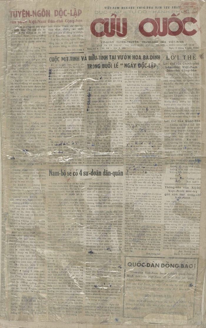 Ký ức về ngày 2.9.1945 được phản ánh đậm nét của Báo “Cứu quốc” số 36, ra ngày 5.9.1945. Ảnh: BTLSQG
