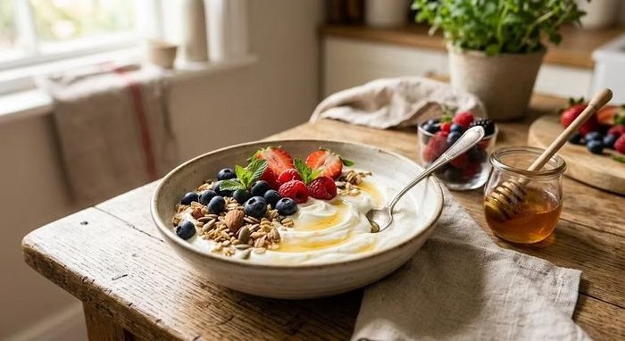 Tiếp đến, sữa chua không đường giúp bữa sáng thêm giàu protein và dễ ăn. Đặc biệt, sữa chua có thể kết hợp với nhiều thực phẩm khác để tạo thành một bữa sáng cân đối. Có thể dùng một hũ sữa chua không đường cùng yến mạch, chuối hoặc một ít trái cây tươi, hạn chế thêm đường và siro. Ảnh minh hoạ AI