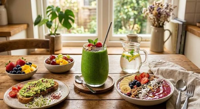 Cuối cùng, sinh tố hoa quả và rau củ có thể giúp bổ sung nhiều loại thực phẩm trong một bữa sáng. Tuy nhiên, nên ưu tiên xay cả phần thịt quả và rau thay vì ép lấy nước, đồng thời không thêm đường, sữa đặc hay siro. Có thể kết hợp rau xanh với một lượng vừa phải trái cây như chuối, dâu hoặc táo, thêm sữa chua không đường. Ảnh minh hoạ AI