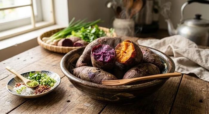 Để bổ sung nguồn tinh bột giàu chất xơ, khoai lang cũng là lựa chọn quen thuộc. Khoai lang cung cấp carbohydrate và chất xơ, có thể giúp bữa sáng no lâu hơn so với nhiều loại đồ ăn chứa tinh bột tinh chế. Có thể ăn một củ khoai lang luộc hoặc hấp vừa phải, kết hợp với trứng luộc và rau xanh để cân đối dinh dưỡng. Ảnh minh hoạ AI